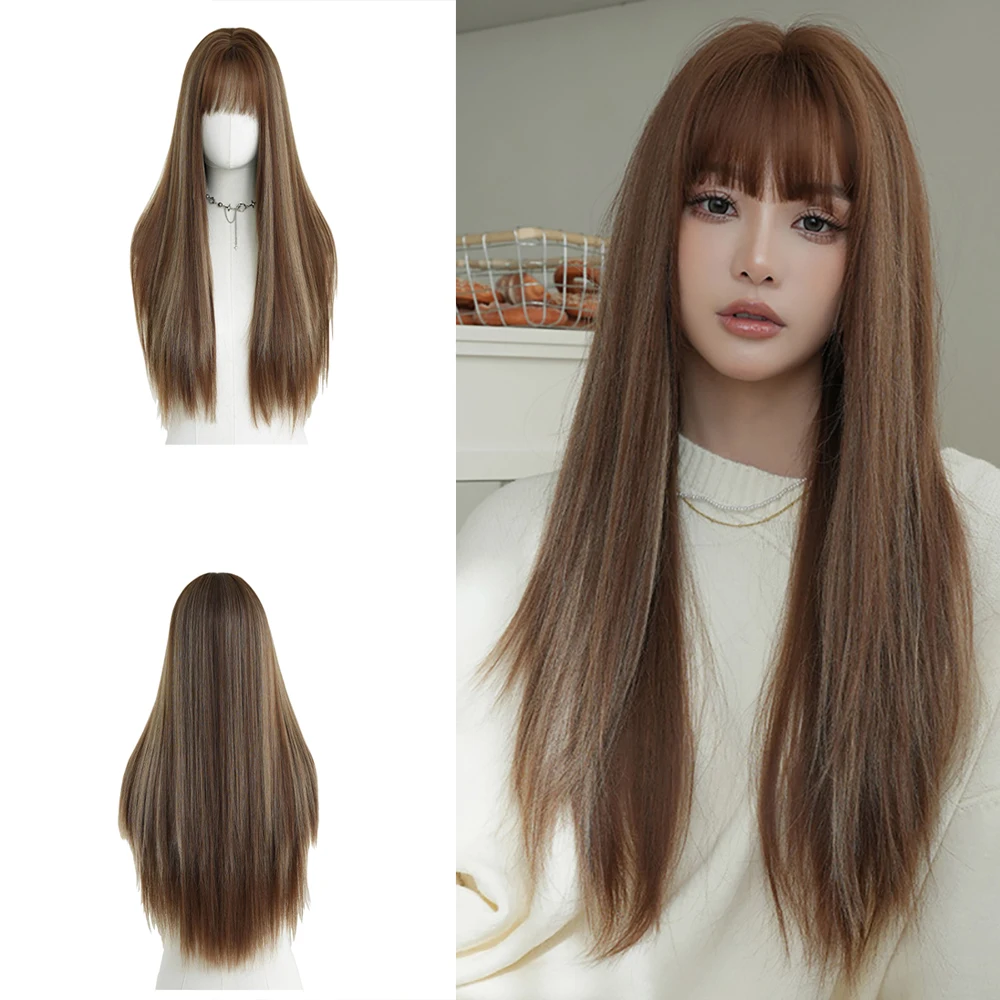 

High-Quality Golden-Brown Synthetic Wigs With Long Straight Bangs Are Suitable For Women'S Daily Parties And Heat-Resistant Wigs