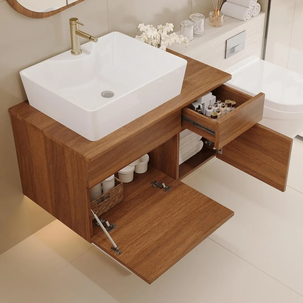 

32" Floating Bathroom Vanity with Ceramic Vessel Sink – Wall-Mounted Solid Wood Vanity, Soft-Close Drawers & Storage Cabinet,