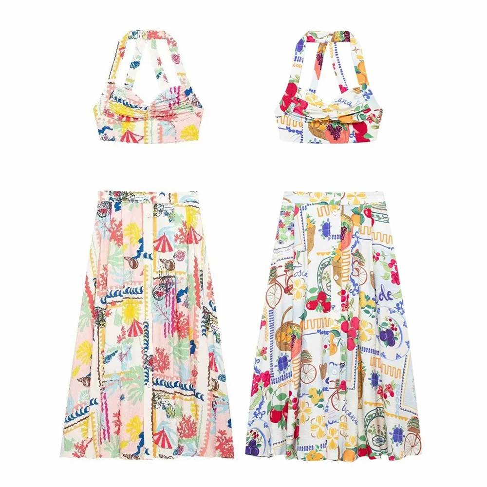 2024 Autumn European And American Style Women\'s Clothing New Fashion Casual Temperament Patchwork Printed Top Half Skirt Set