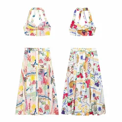 2024 Autumn European And American Style Women's Clothing New Fashion Casual Temperament Patchwork Printed Top Half Skirt Set