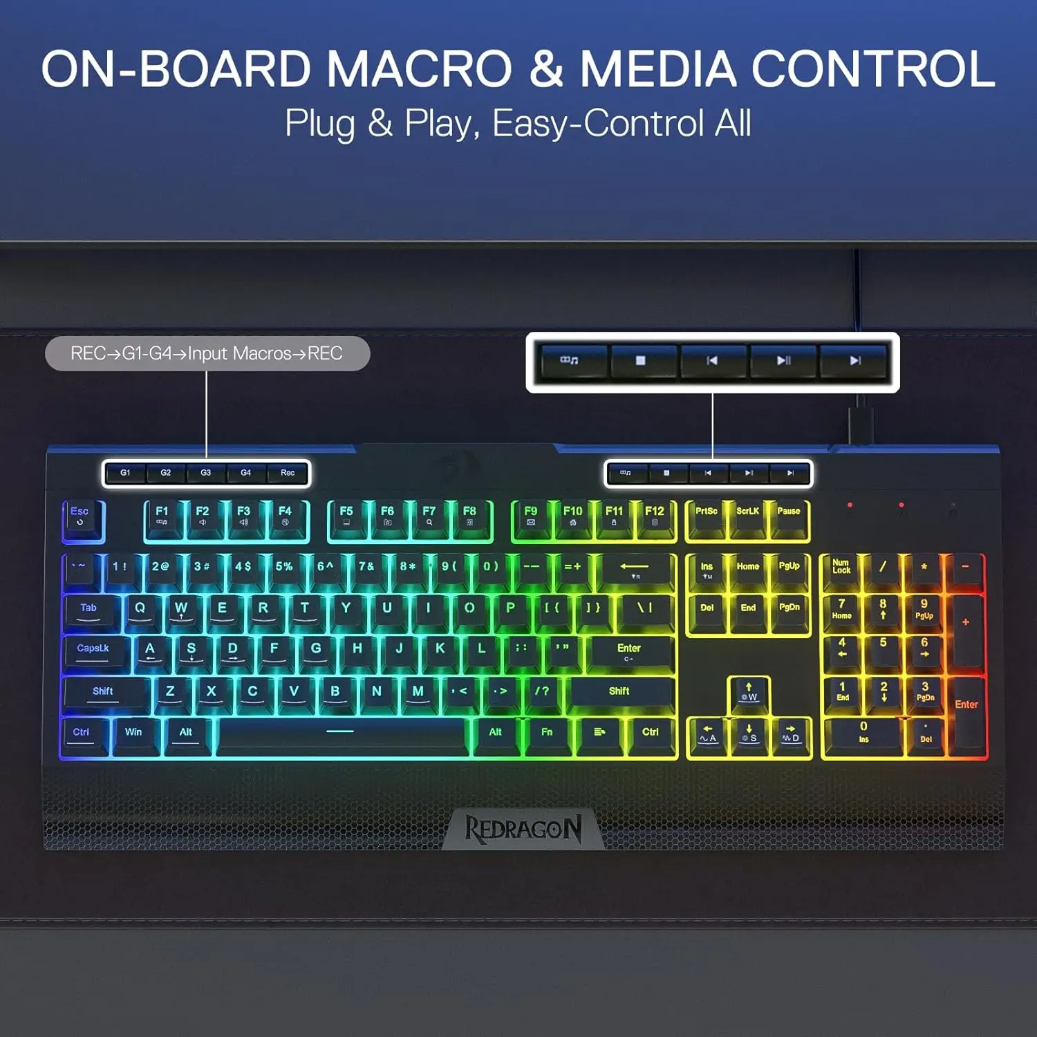Redragon K525 RVB rétroéclairé 104 touches clavier de jeu à membrane filaire avec 5 touches multimédia et 4 touches macro supplémentaires embarquées