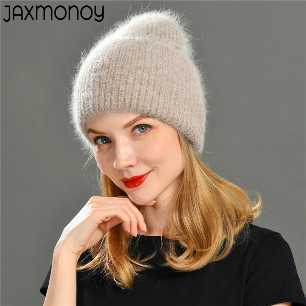 Jaxmonoy Rabbit Fur Cashmere Blend Knitted Beanie Hat With Sequins Autumn Winter Casual Fashion Girl Musthaves Wool Skullies Cap