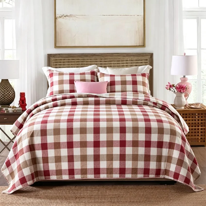 

100% Cotton Yarn-Dyed Plaid Quilt Coverlet Padded Quilted Blanket 1-Piece – Soft Lightweight Bedspread for All Seasons