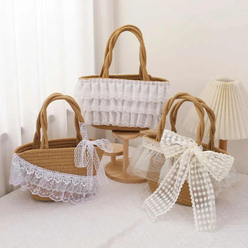 

Children's handbag French romantic summer girl baby vacation lace paper grass woven paper grass bag coin purse Western style