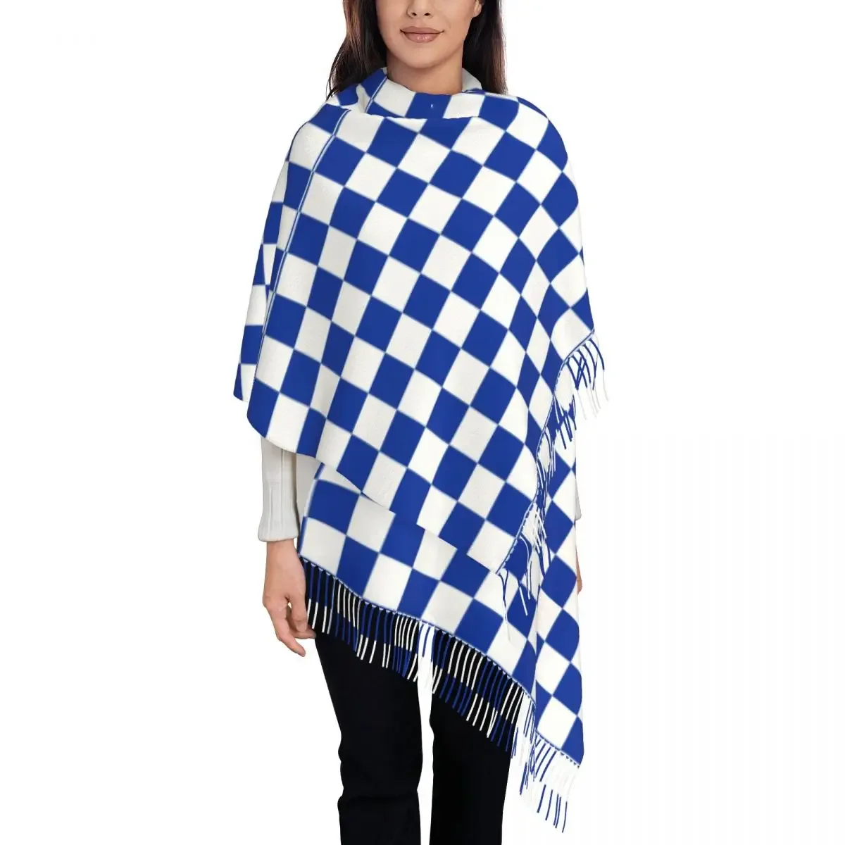 Women Scarf Warm Soft Blue And White Checkerboard Head Scarves with Tassel Vintage Checker Casual Shawl Wrap Winter Bandana