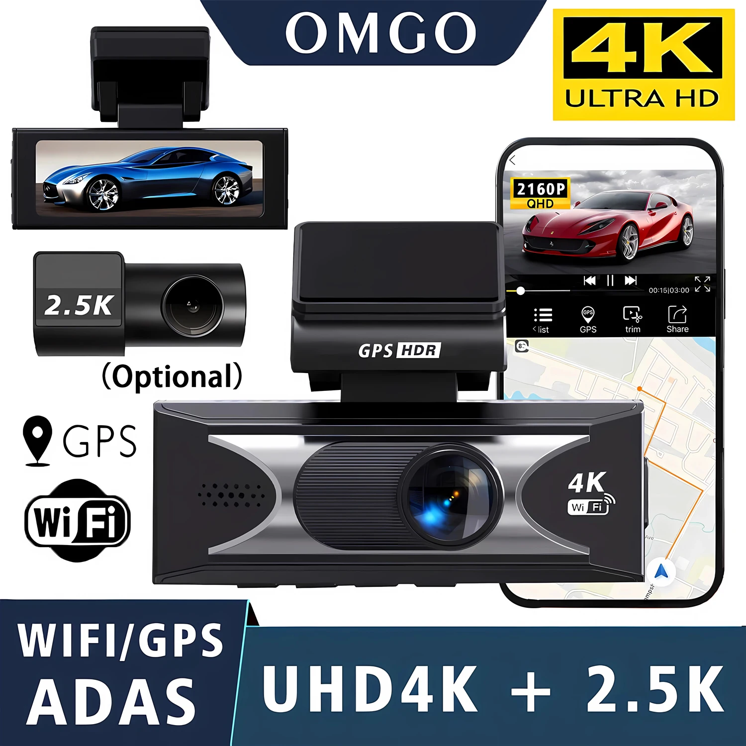 Dual Lens 4K+2.5K Dash Cam 3840*2160P Built in WiFi/GPS Dash Camera For Cars With 24H Parking Monitor HDR Night Vision Black Box