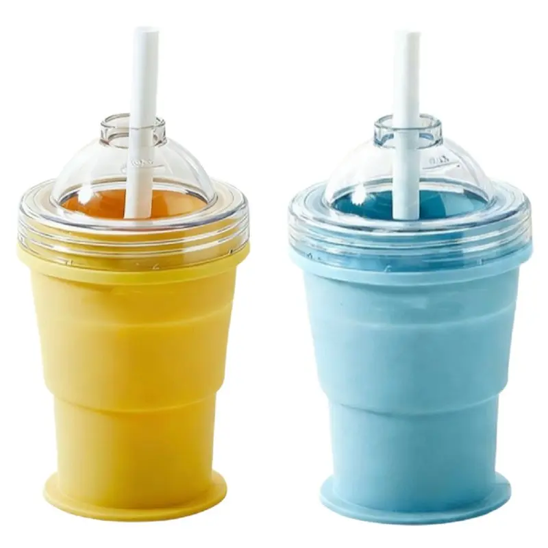 B84B-Summer Outdoor Portable Foldable Ice Ball Cup With Built-In Straw, Food-Grade Silicone Ice Maker Mold, Travel Tumbler