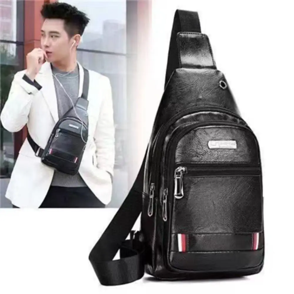 Casual PU Leather Men Messenger Bags Black Brown Coffee Earphone Port Sling Chest Bag Men Crossbody Bag Travel