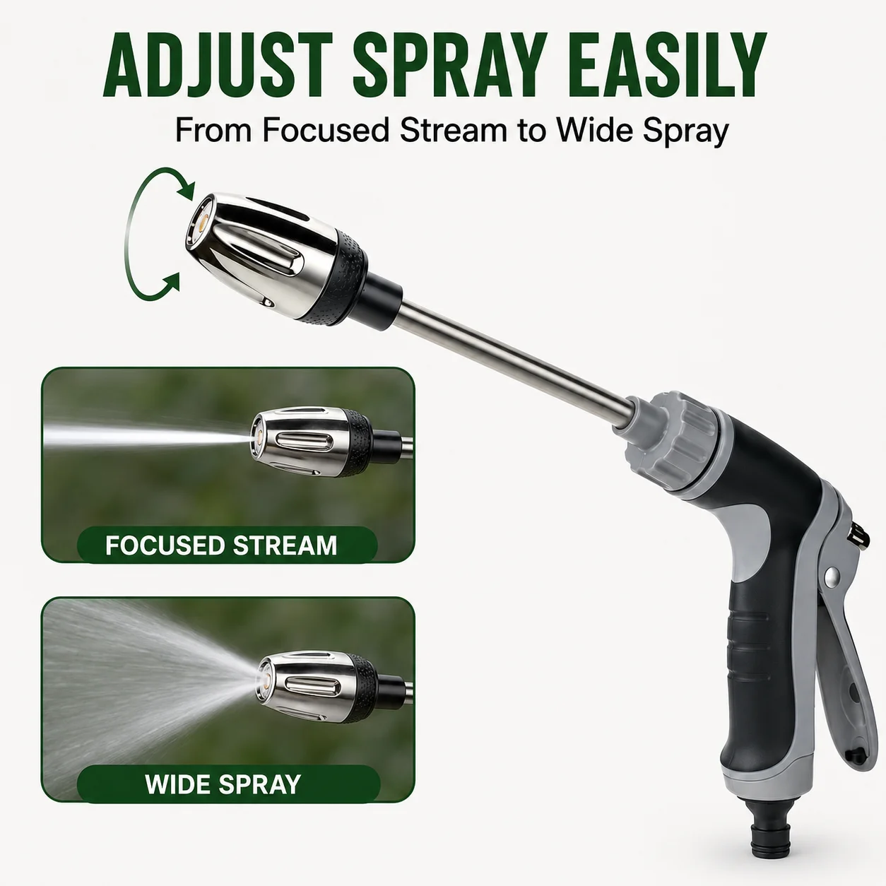 Long Reach Garden Hose Spray Wand Adjustable Watering Nozzle 34cm Stainless Steel Rod Outdoor Plant Watering Tool with Adapters
