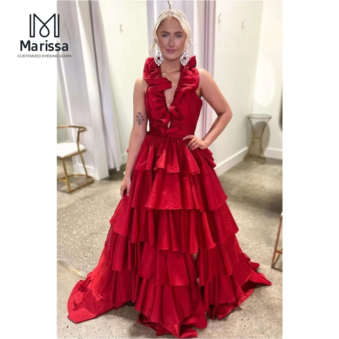 Abito da ballo da donna in raso a trapezio Marissa 2025 Abiti eleganti su misura Abiti da sera con gonna a strati per feste di occasioni speciali