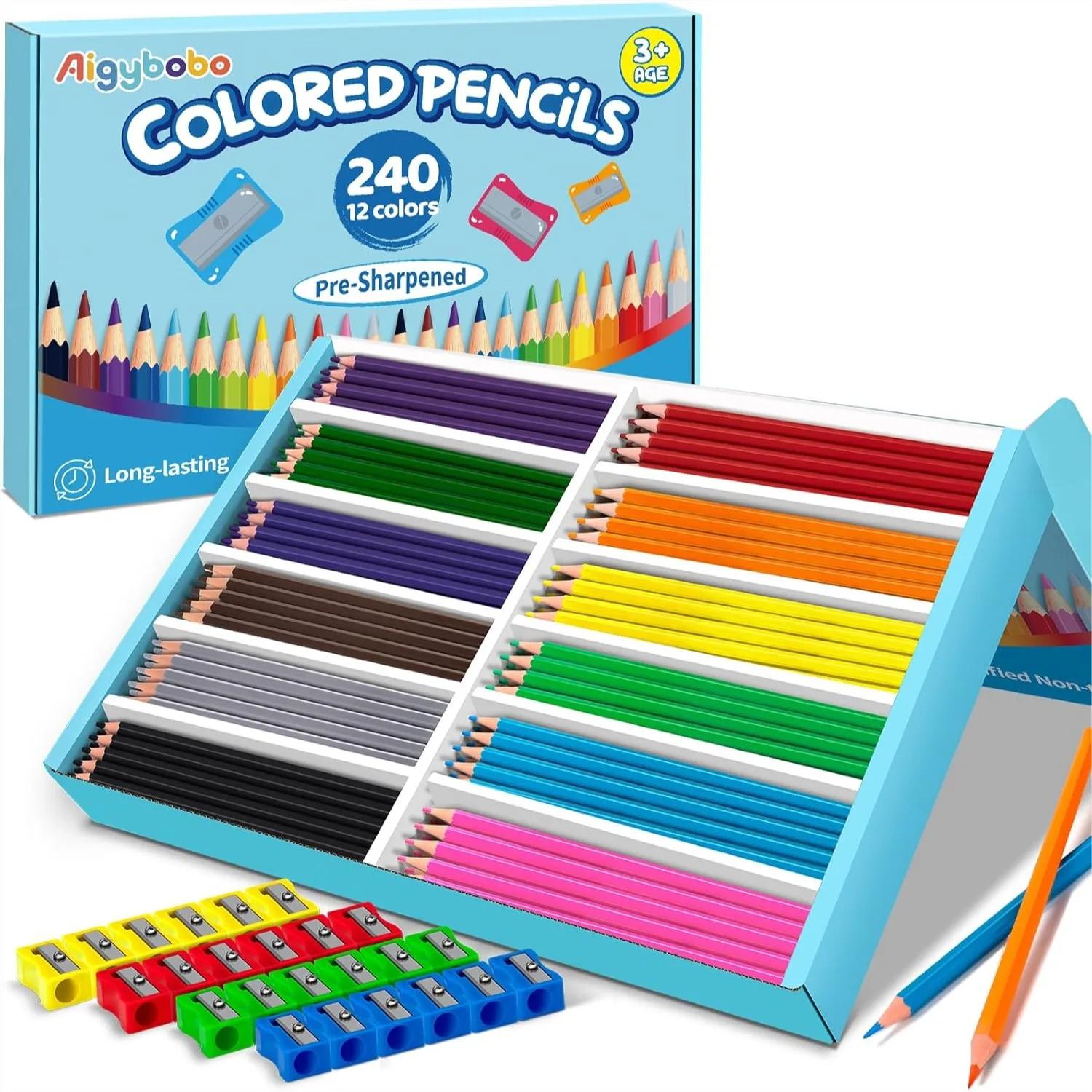 240 Count Colored Pencils Bulk in 12 Vibrant Colors, Pre-sharpened with 24 Sharpeners for Classroom and Back to School Supplies
