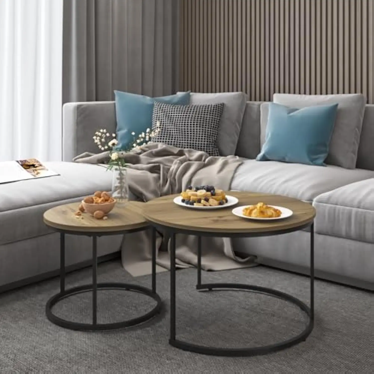 

Nesting Coffee Table Set of 2, 27.6 Inch Round Coffee Table Industrial Wood Finish with Sturdy Metal Frame, End Table Side Tabl