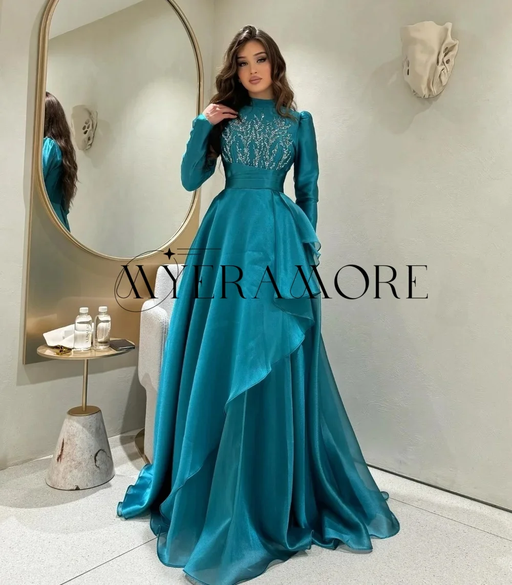 

High Neck Evening Dresses Blue Long Sleeve A-Line Applique Ruffle Prom Dresses Customized فساتين سهرة