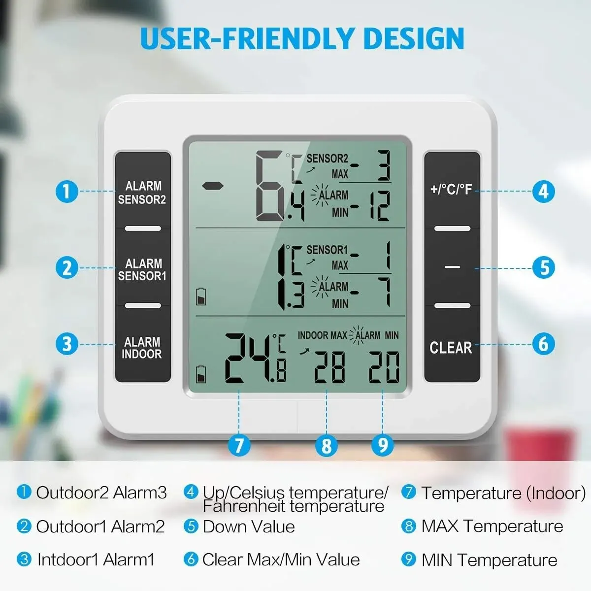 Fridge Thermometer Freezer LCD Digital Audible Alarm Refrigerator Meter with 2 Temperature Sensor Min/Max Display Indoor Outdoor