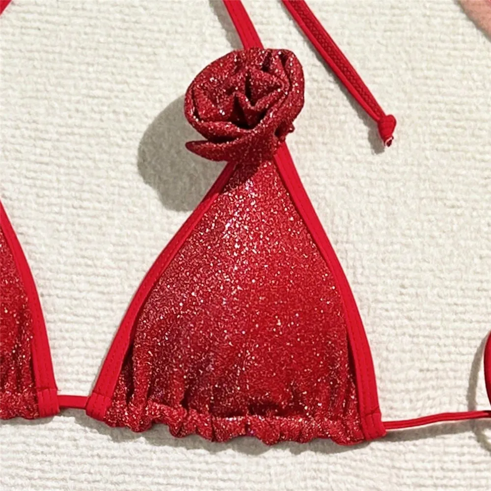 Brilhante vermelho 3d flor roupa de banho halter string triângulo 3 peça conjunto biquíni cobrir sexy maiô feminino 2025 micro tanga biquinis