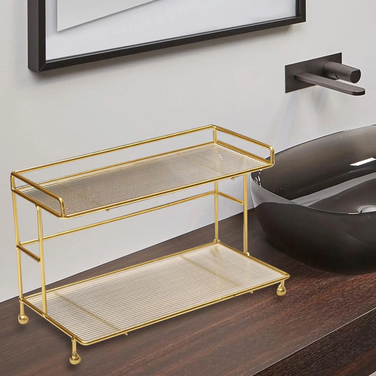 

Countertop Bathroom Makeup Holder, Cosmetic Storage Rack ,Rectangle Golden Dresser Bathroom Kitchen Tray Cupcake Stand