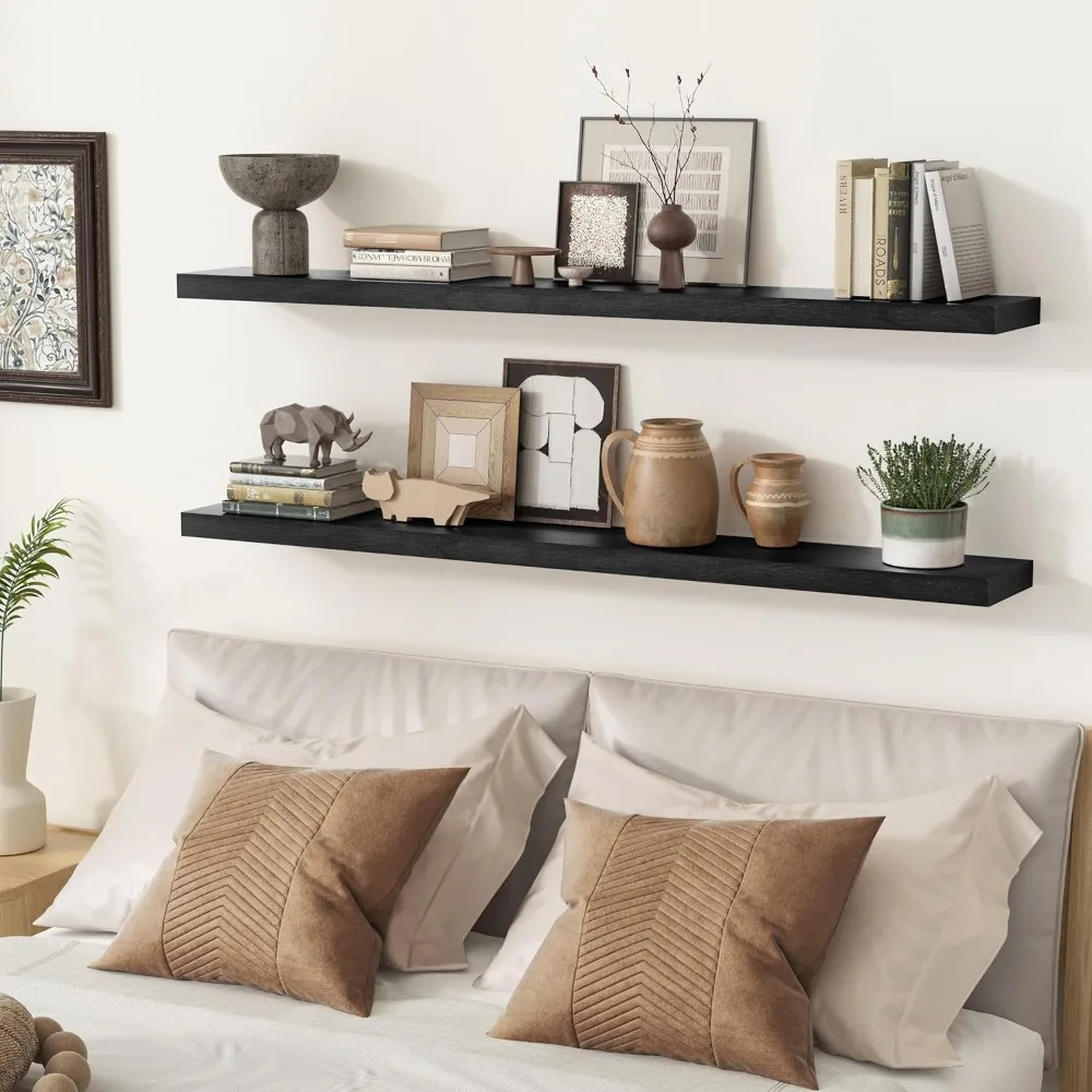 

Black Floating Shelves 48 Inch, Solid Wood Wall Mounted Shelves Set of 2, Extra Long Modern Floating Shelves for Wall Decor