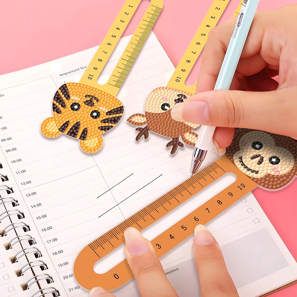 6Pcs PET Cartoon Animals 5D DIY Diamond Art Ruler Book Mark DIY Creative Diamond Ruler Bookmark for Reading Day Gift