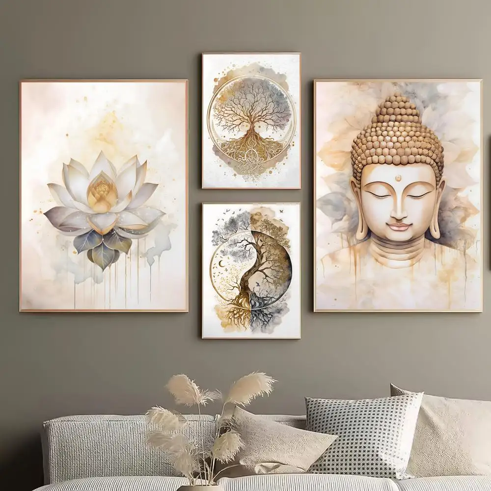 สีน้ำต้นไม้แห่งชีวิตและพระพุทธเจ้าโปสเตอร์ความงาม HD ศิลปะบนผนังพีวีซี - กันน้ำทนรังสียูวีสำหรับโฮมบาร์ออฟฟิศ