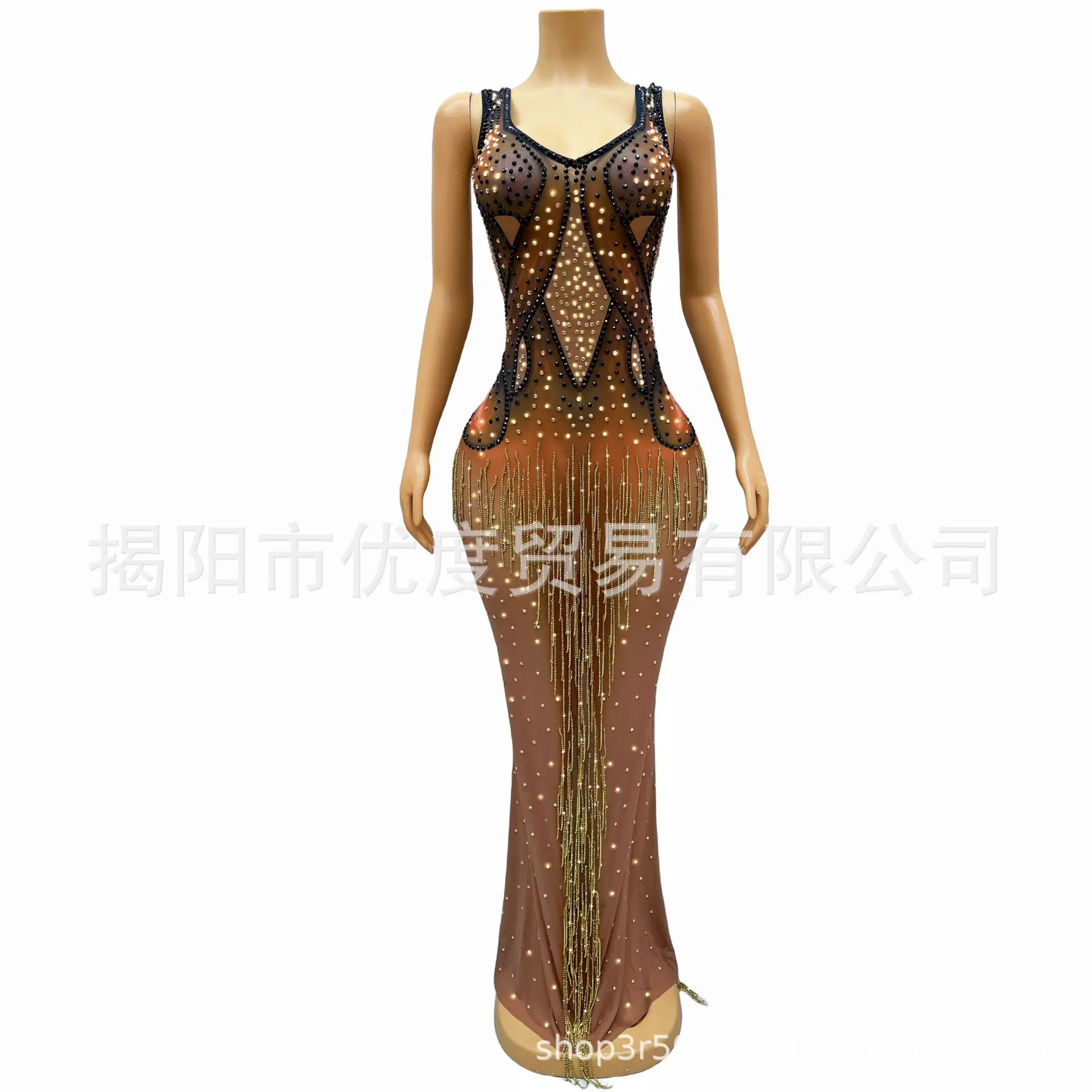 2026 Retro Style Shining Rhinestone Bead Chain Personalized Dress Cocktail Party Evening Dress Performance Long Dress Horn Tip