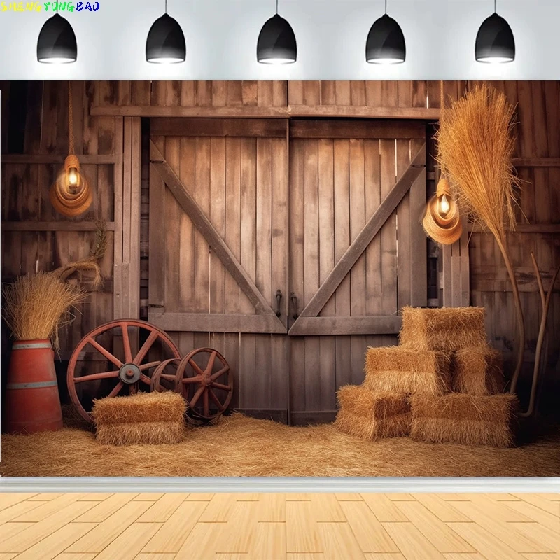 Western Cowboy Charm of the Countryside Rustikale Scheunentür Fotografie Kulissen Heuballen Radkerzen Bauernhof Hintergrund CO-02