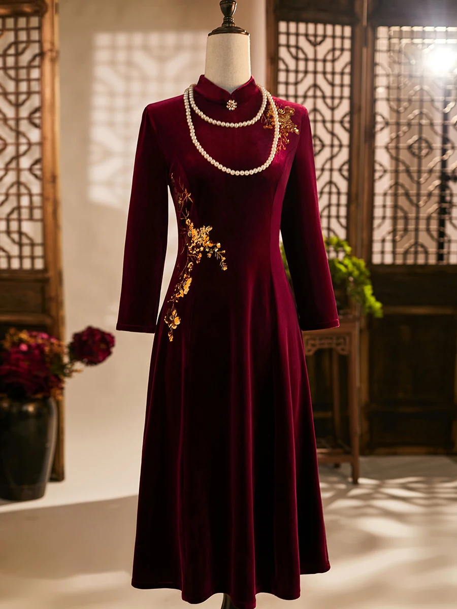 

Wedding Dr Long Sve Velvet iny Sequins Qipao for Mother of the Bride Autumn Winter New Arrival Ele Vintage Sle