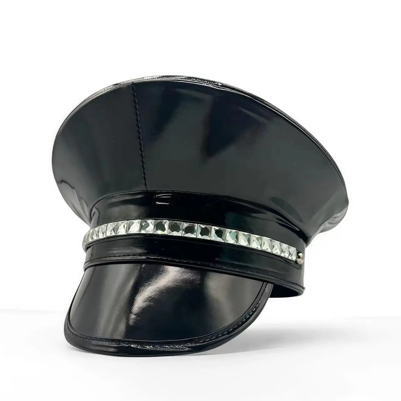 หมวกหนังเลเซอร์ HongLuan ประดับคริสตัลและหมวกทหารสำหรับผู้หญิง อุปกรณ์เสริมสำหรับงานเทศกาลดนตรีและงานปาร์ตี้ หมวกคอสเพลย์สำหรับผู้ชายและผู้หญิง