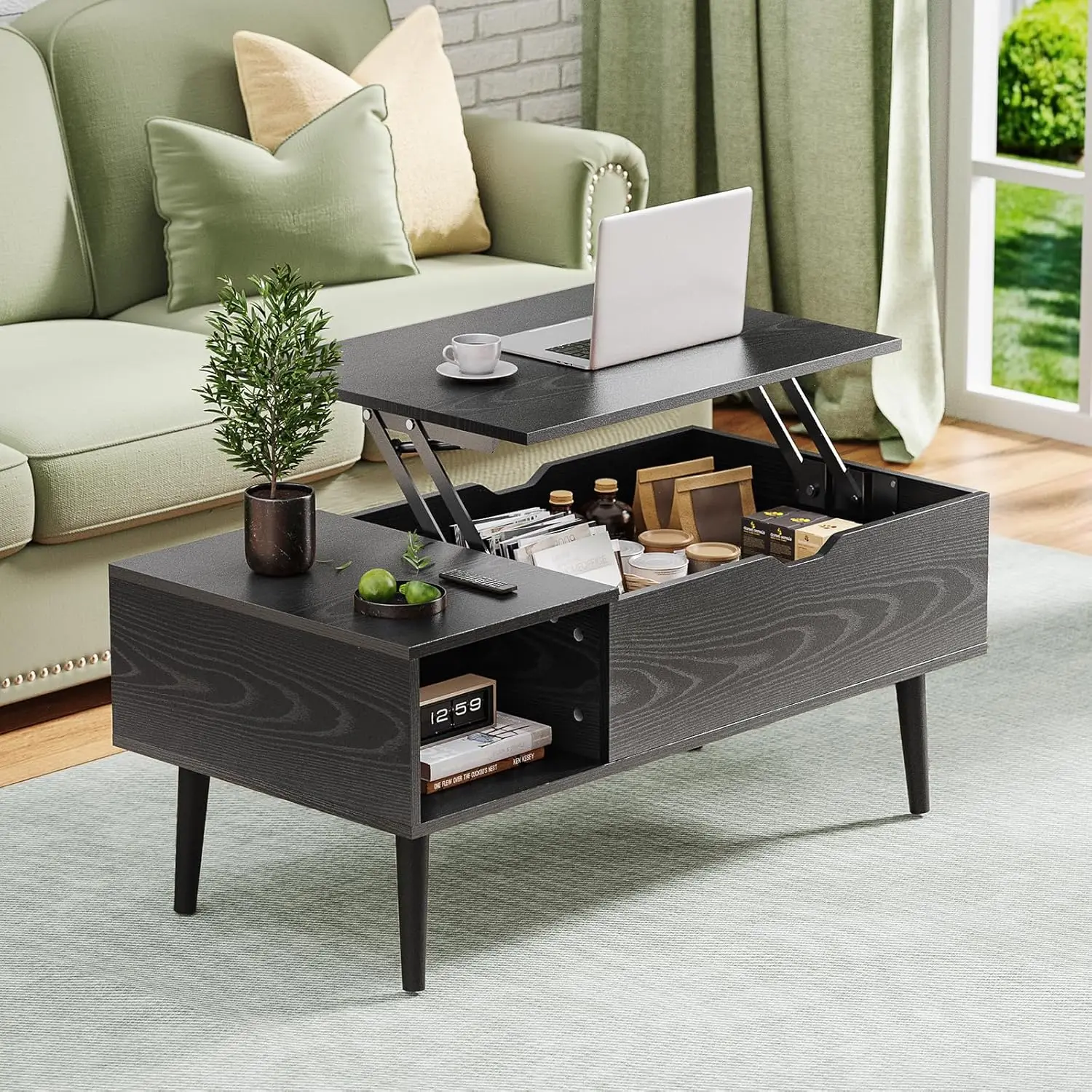 Mesa de centro elevadora moderna, mueble de madera con estante de almacenamiento y compartimento oculto para sala de estar y oficina, color negro