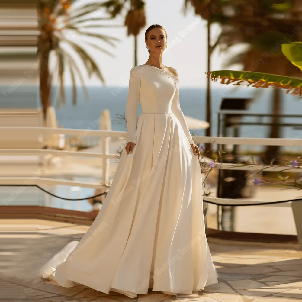 

Elegant Long Sleeves Women Wedding Dresses Simple A-Line Satin Bridal Robes Mopping Length Banquet Vestidos De Novias Customized