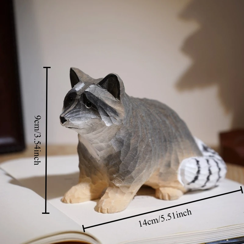 1 PC North American Raccoon Hand Carved Wood Sculpture Realistic Animal Craft Decor Office Workspace Desk Figurines Perfect Gift