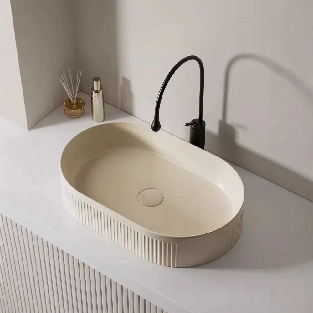 

Cream wind table basin Ceramic household wash basin Single basin Balcony rectangular washbasin Round small washbasin