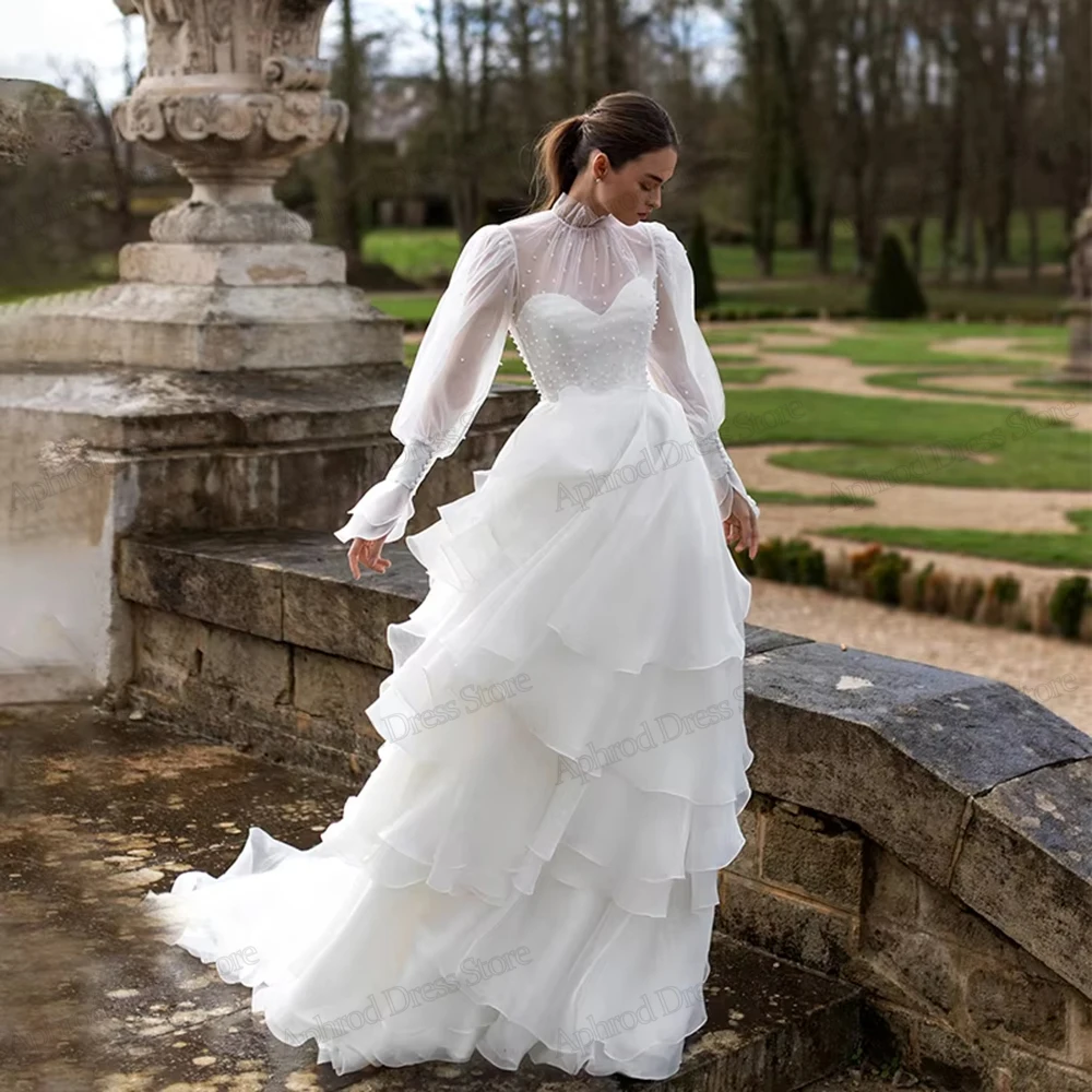 ชุดแต่งงานทรงเอไลน์ผ้าออร์แกนซ่า แขนพองยาว สำหรับงานเลี้ยงอย่างเป็นทางการ ชุดเจ้าสาวแบบสั่งตัด ปี 2026