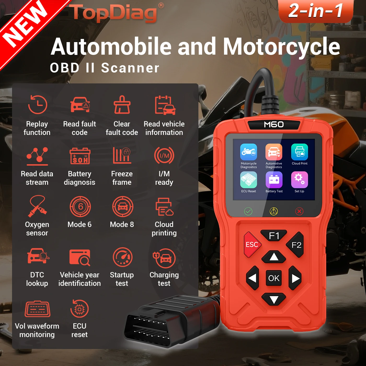 ماسح ضوئي جديد Topdiag M60 Obd2 للدراجات النارية ورمز خطأ السيارة قراءة مجانية وحدة التحكم الإلكترونية إعادة تعيين السيارات DTC أداة تشخيص السيارة