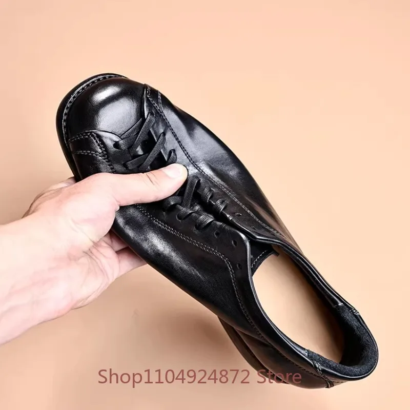 American Retro Black Dress Leather Shoes Men Genuine Leather Handmade Casual Lace Up Driving Outdoor Training Shoes Male