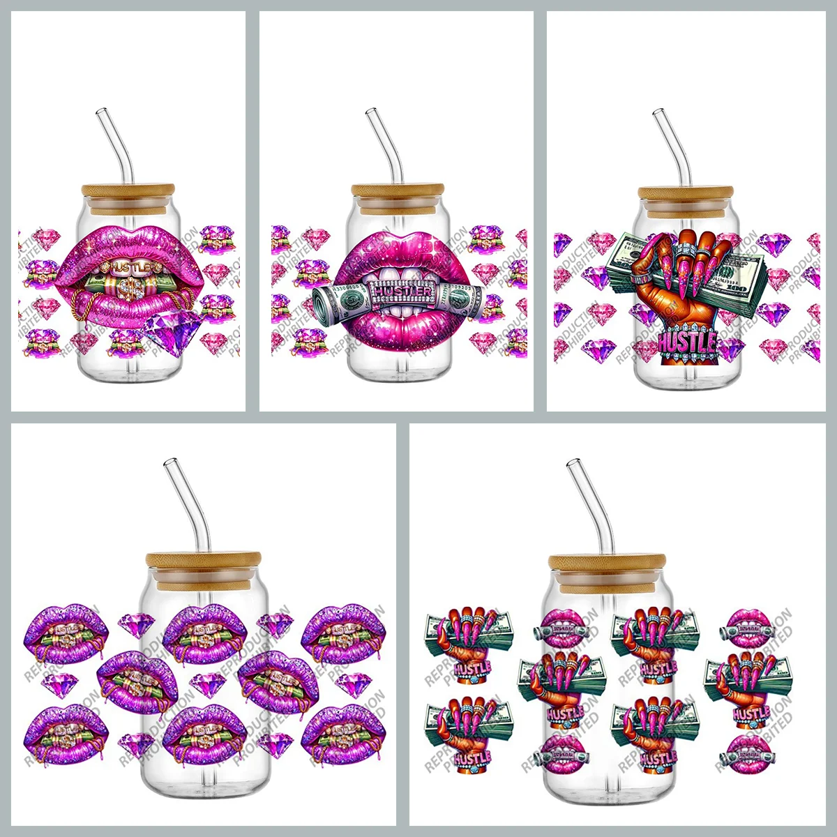 Hustle Glitter Lips UV DTF Cup Sticker Money Cash Diamond Glam Decal For 16oz Glass Jar Cup DIY Craft Transfer Stickers