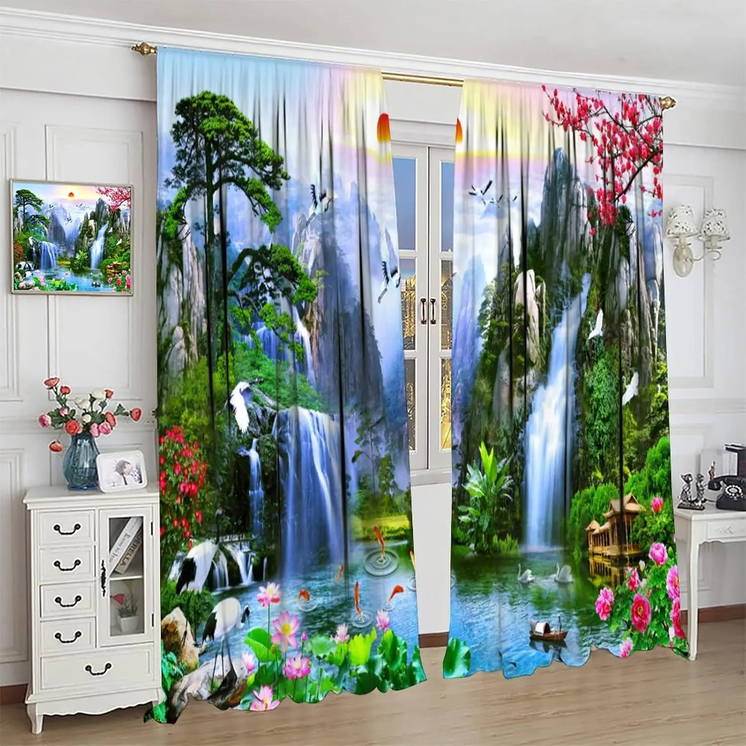 Waterfall Deocr Curtain, Surrounded Waterfall Rocky Lotus Fish Swan Landscapes Home Decor Windows Rod Pocket Curtain for Living