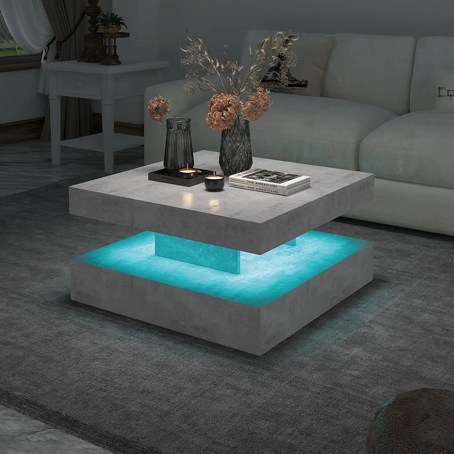 Modern Grey LED Square Coffee Table - 2-Tier Contemporary Wood Center Table with Storage, for Living Room/Dining/Reception