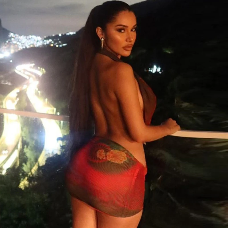 Sexy Halter Backless Cut Out Mini Dress Women Sleevless Mesh Printed Sundress 2023 Summer Beach Vacation Fairy Y2K Clothes