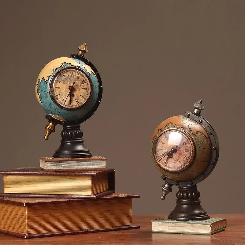 

TQH Desktop Ornament Vintage Clock Globe Table Decoration Tabletop Ornament