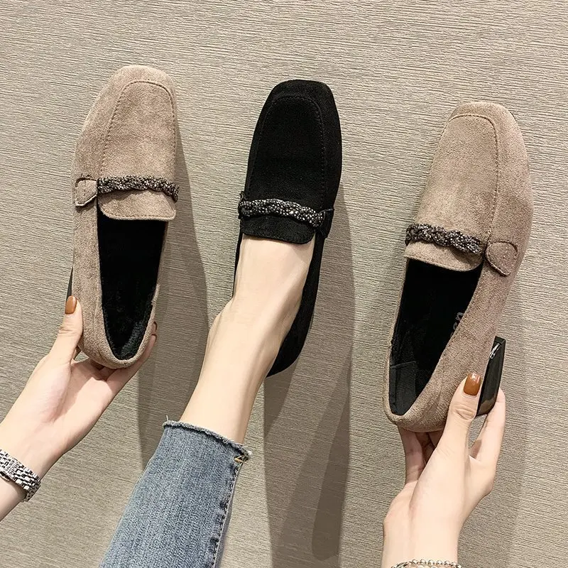 Autumn Winter Women Loafers Low Heels Slip on Shoes Fashion Dress Office Casual Suede Plush Warm Ladies Lazy Shoe