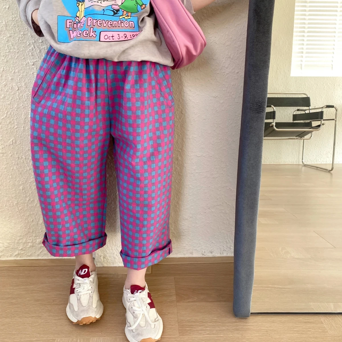 Spring girls cotton plaid Hip pants Kids soft loose trousers 2-7Y