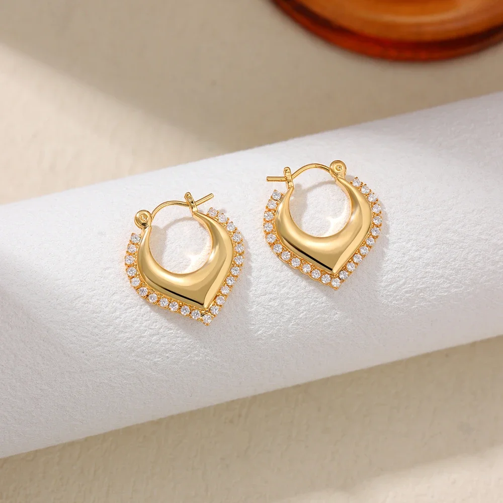Waterproof Gold Plated Chubby Fan-shape Hoop Earrings Inlaid Sparkling Zircon Hypoallergenic Ear Buckle Femal Unique Jewellery