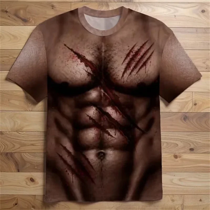 Men's Halloween Short-Sleeve T-Shirt Funny Fake Muscle T-Shirt Fashionable Casual Sports T-Shirt Streetwear Loose-Fitting Top