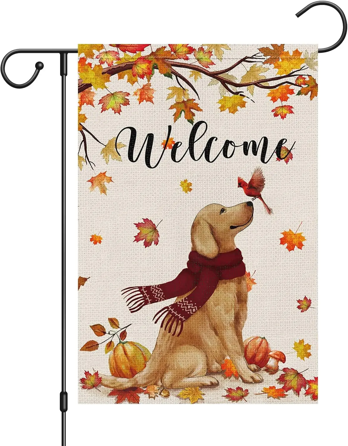 Welcome Fall Garden Flag 12 x 18 Inch Double Sided Burlap, Golden Retriever Dog Cardinal Yard Flags for Seasonal Thanksgiving Fa