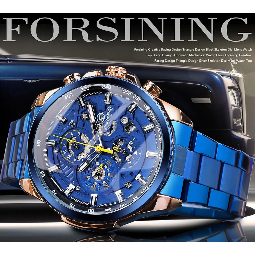 Forsining Rose Golden Case Bluesteel 3 Dial Multifunction Mens Business Sport Automatic Mechanical Wrist Watch Top Brand Luxury