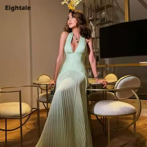 Eightale Arabic Evening Dress Halter Pleats Backless A-Line Customized Chiffon Floor Length Prom Wedding Party Gown