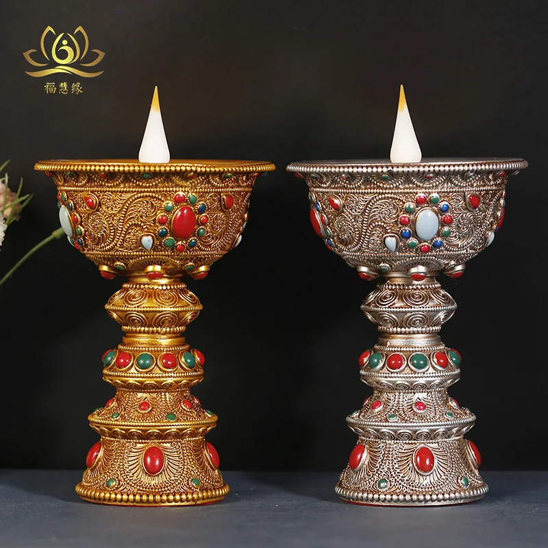 Tibetan-style filigree craft LED resin table lamp with colorful painted design, plug-in and rechargeable candle holder, everlast