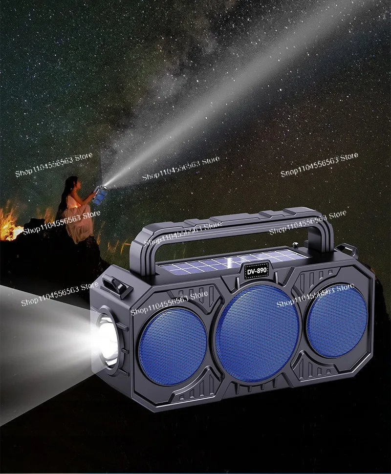 مكبر صوت بلوتوث لاسلكي خارجي، طاقة شمسية مزدوجة، مع مصباح يدوي، بطاقة، مشغل ستيريو