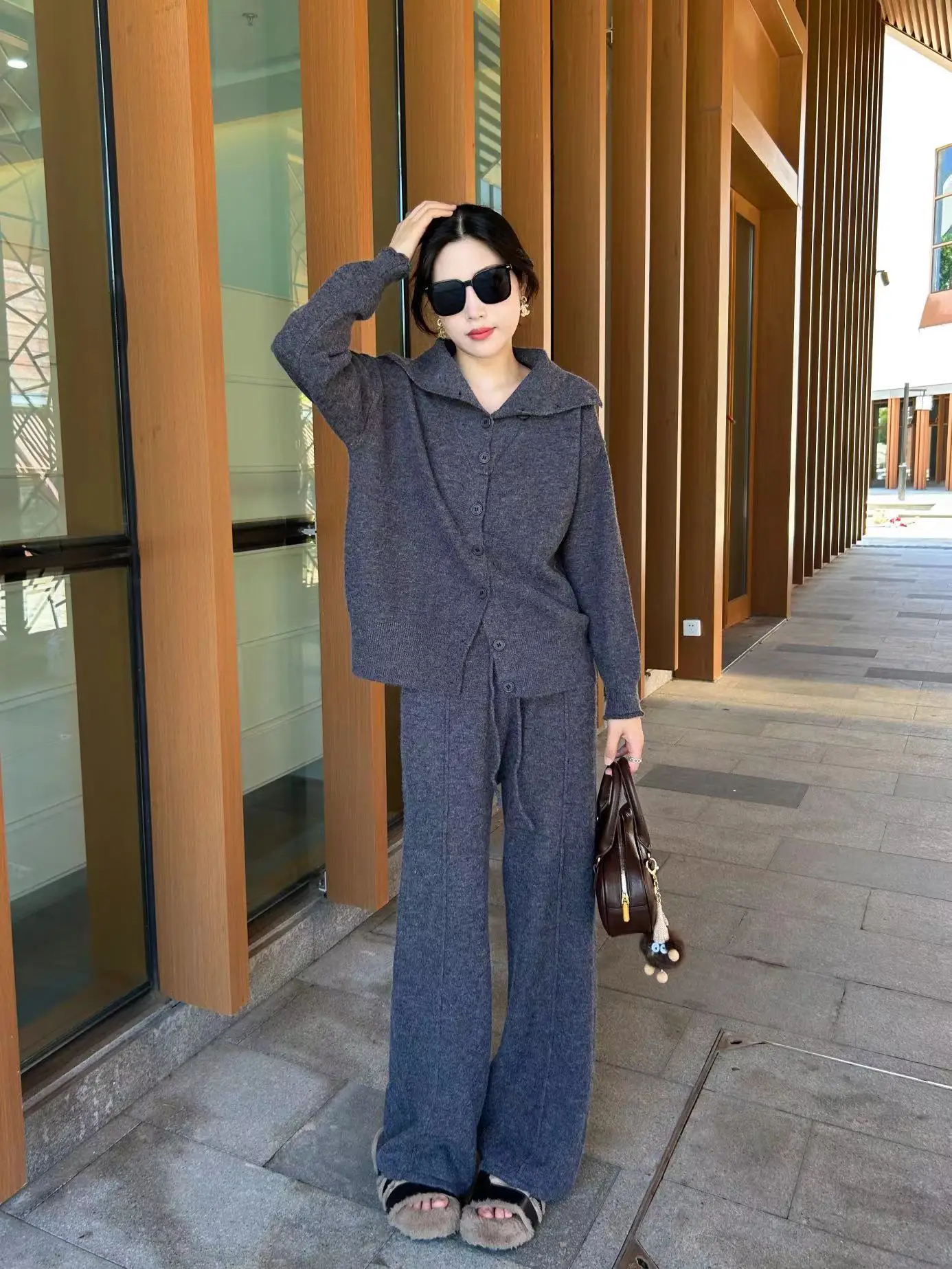 秋の新作ファッション レディース 無地 エレガント カジュアル トレンド シンプル ベーシック ニット 2点セット ターンダウンカラー セーター パンツ