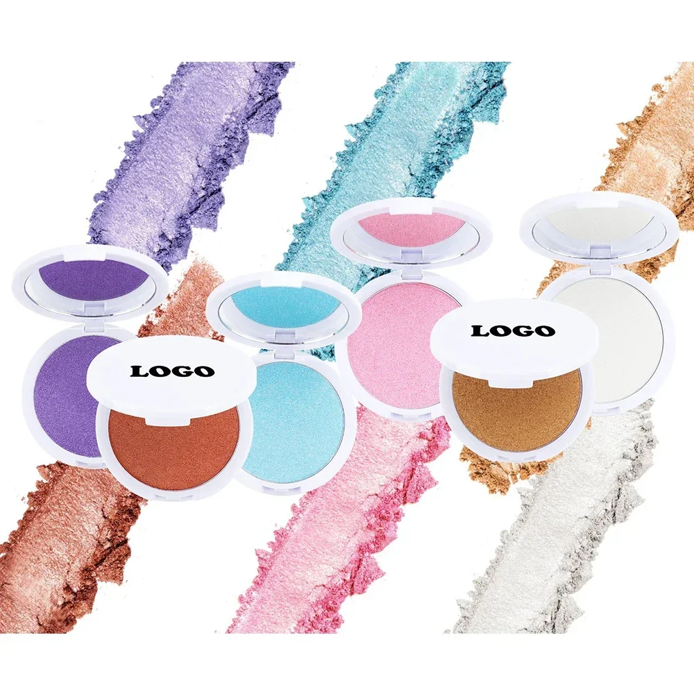 Private Label Highlight Pressed Powder Custom Logo Round White Lid Brighten Oil-control Body Shimmer Matte Makeup Wholesale